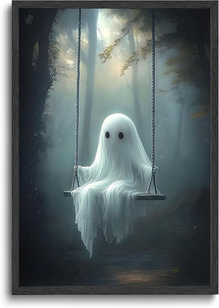 Cute Ghost Canvas Wall Art – Halloween Decor, Spooky Silhouette Haunted House Painting, Gothic Bedroom Decor, 12x16 Inch Unframed